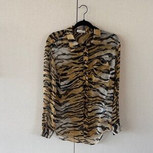 Equipment Tan and Black Patterned Blouse